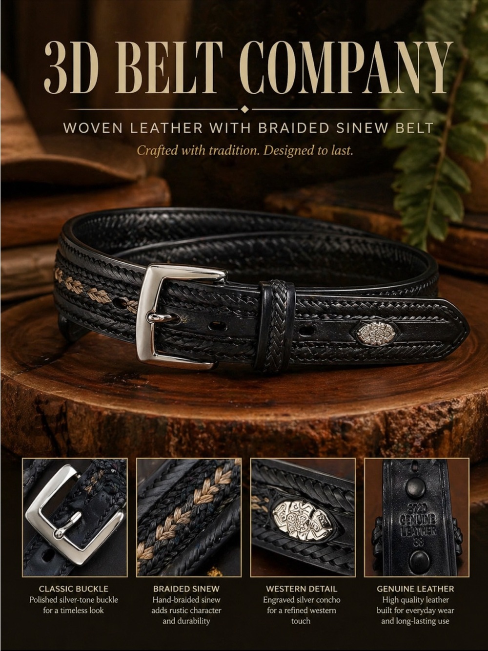3D Belt Company Black Woven Leather Braided Sinew Belt Size 38
